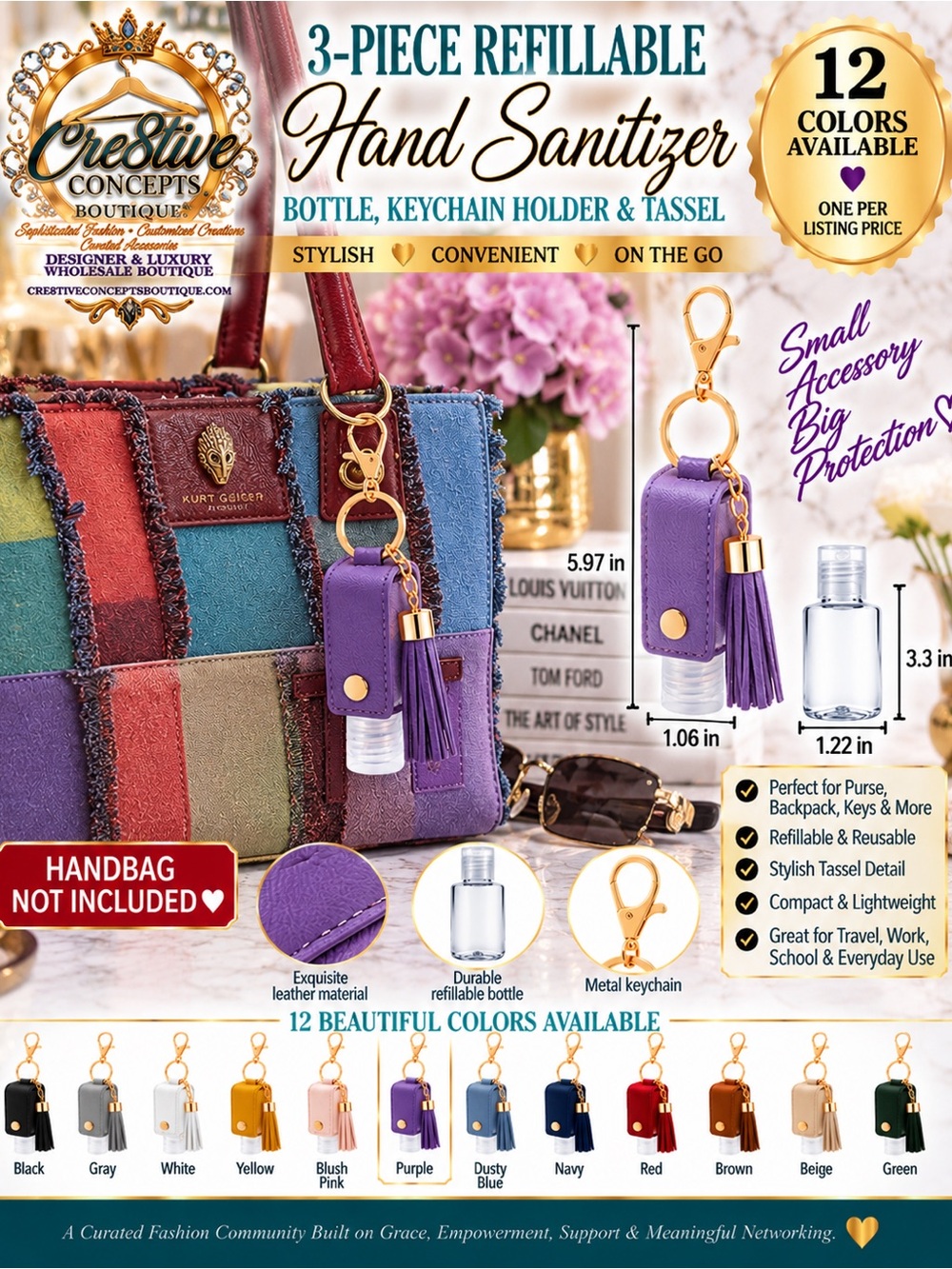 3-Piece Refillable Hand Sanitizer Bottle Keychain Holder with Tassel – 2 oz